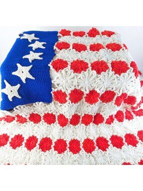 Handmade American Flag Afghan Vintage Patriotic Crochet 36 x 56 " USA Blanket